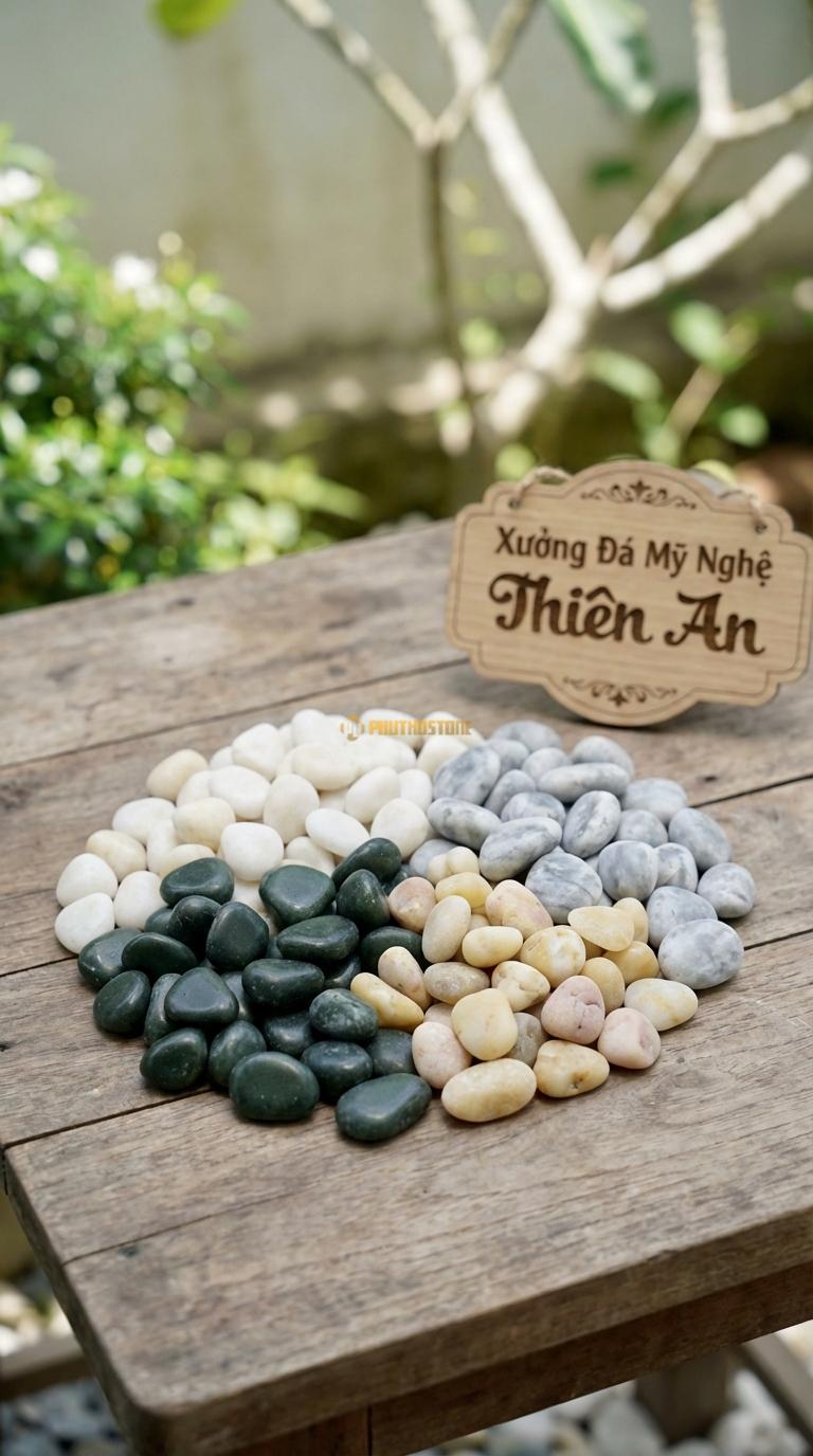 Sỏi Mix 4. Xanh rêu, Trắng quay, Ghi xám quay, Vàng quay Tỉ lệ (30, 30, 25, 15). Size 7-9mm