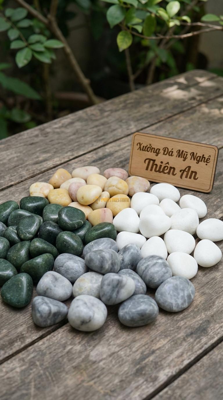 Sỏi Mix 4. Xanh rêu, Trắng quay, Ghi xám quay, Vàng quay Tỉ lệ (35, 25, 25, 15). Size 1-2cm