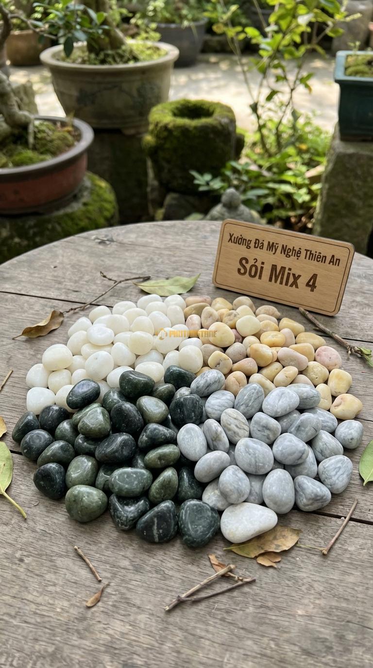 Sỏi Mix 4. Xanh rêu, Trắng quay, Ghi xám quay, Vàng quay Tỉ lệ (30, 30, 25, 15). Size 1-2cm