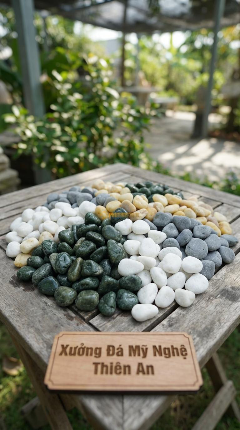 Sỏi Mix 4. Xanh rêu, Trắng quay, Ghi xám quay, Vàng quay Tỉ lệ (35, 25, 25, 15). Size 2-3cm