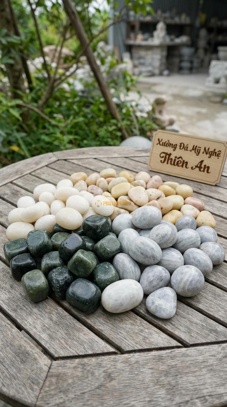 Sỏi Mix 4. Xanh rêu, Trắng quay, Ghi xám quay, Vàng quay Tỉ lệ (30, 30, 25, 15). Size 2-3cm