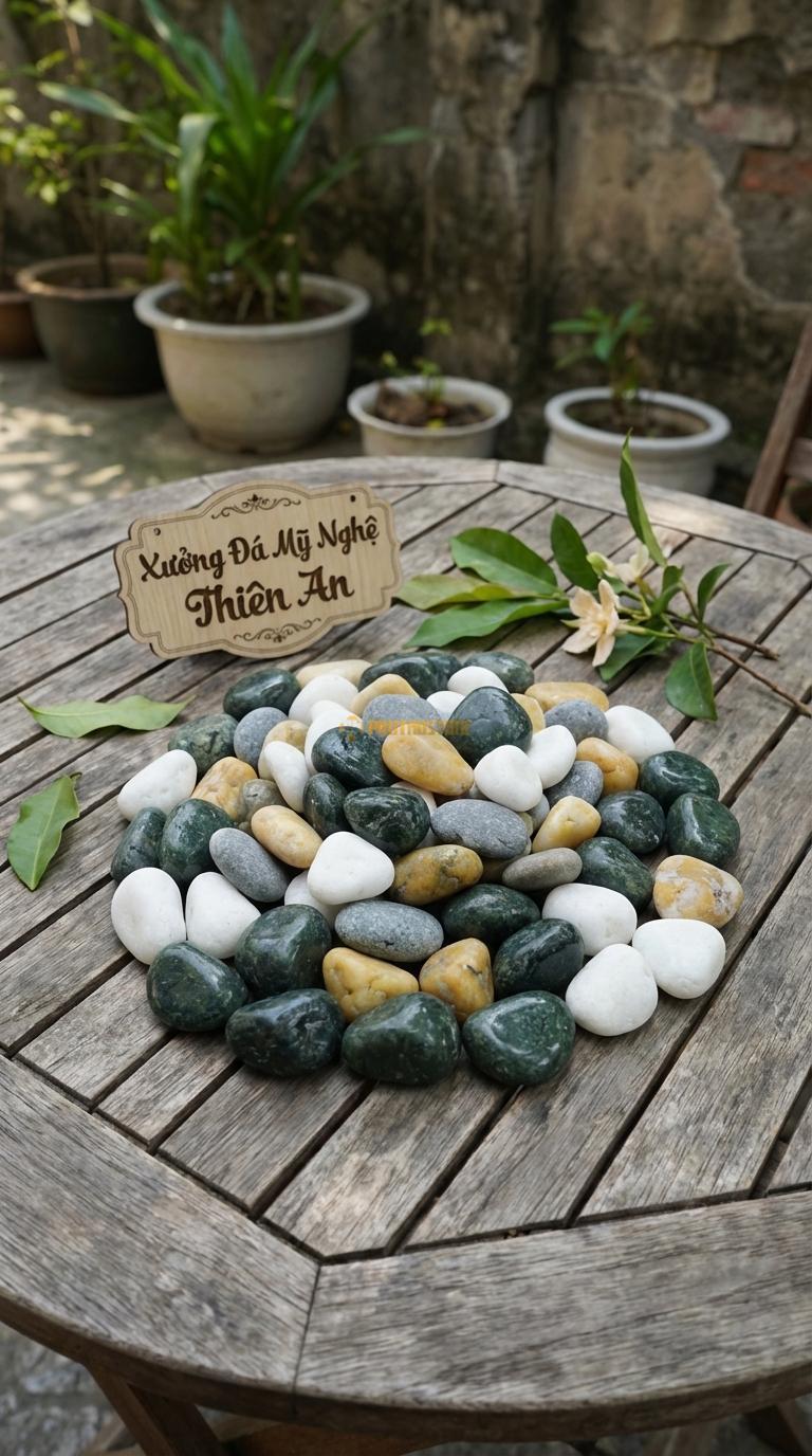 Sỏi Mix 4. Xanh rêu, Trắng quay, Ghi xám quay, Vàng quay Tỉ lệ (40, 25, 20, 15). Size 3-5cm