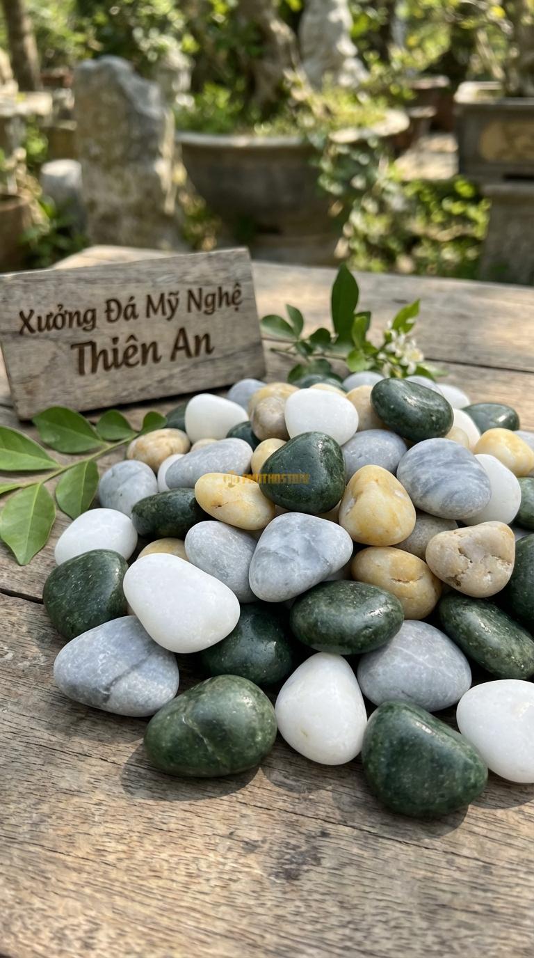 Sỏi Mix 4. Xanh rêu, Trắng quay, Ghi xám quay, Vàng quay Tỉ lệ (45, 20, 20, 15). Size 3-5cm
