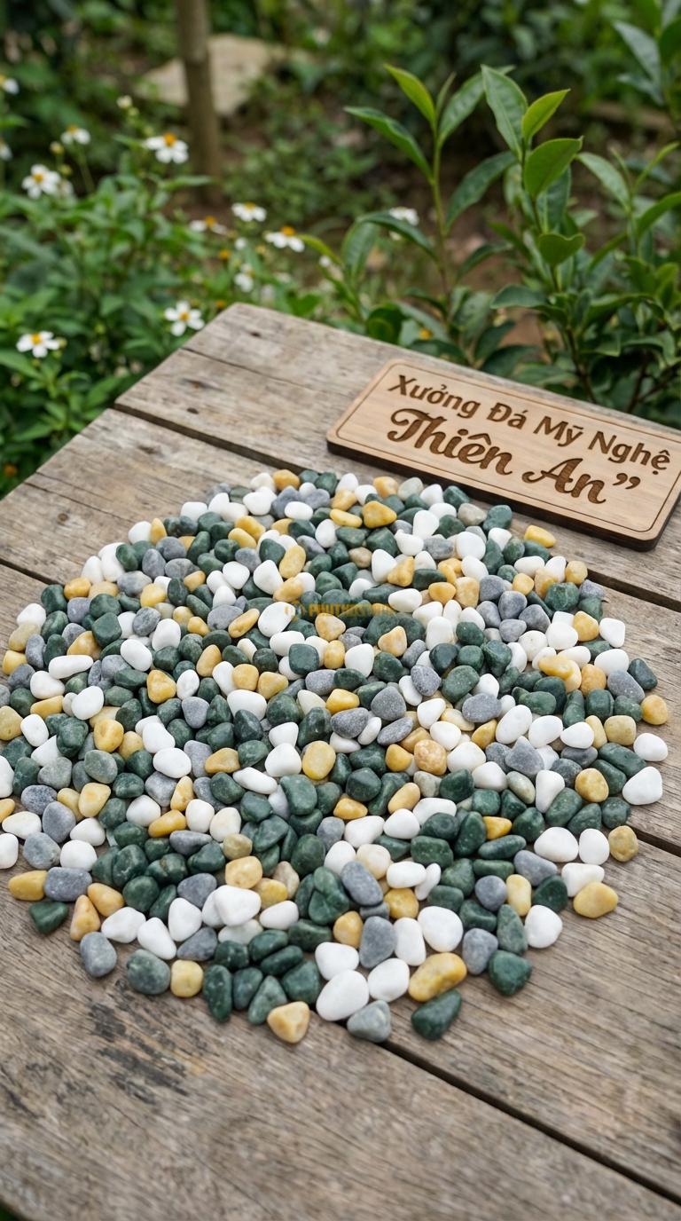 Sỏi Mix 4. Xanh rêu, Trắng quay, Ghi xám quay, Vàng quay Tỉ lệ (40, 25, 20, 15). Size 3-5mm