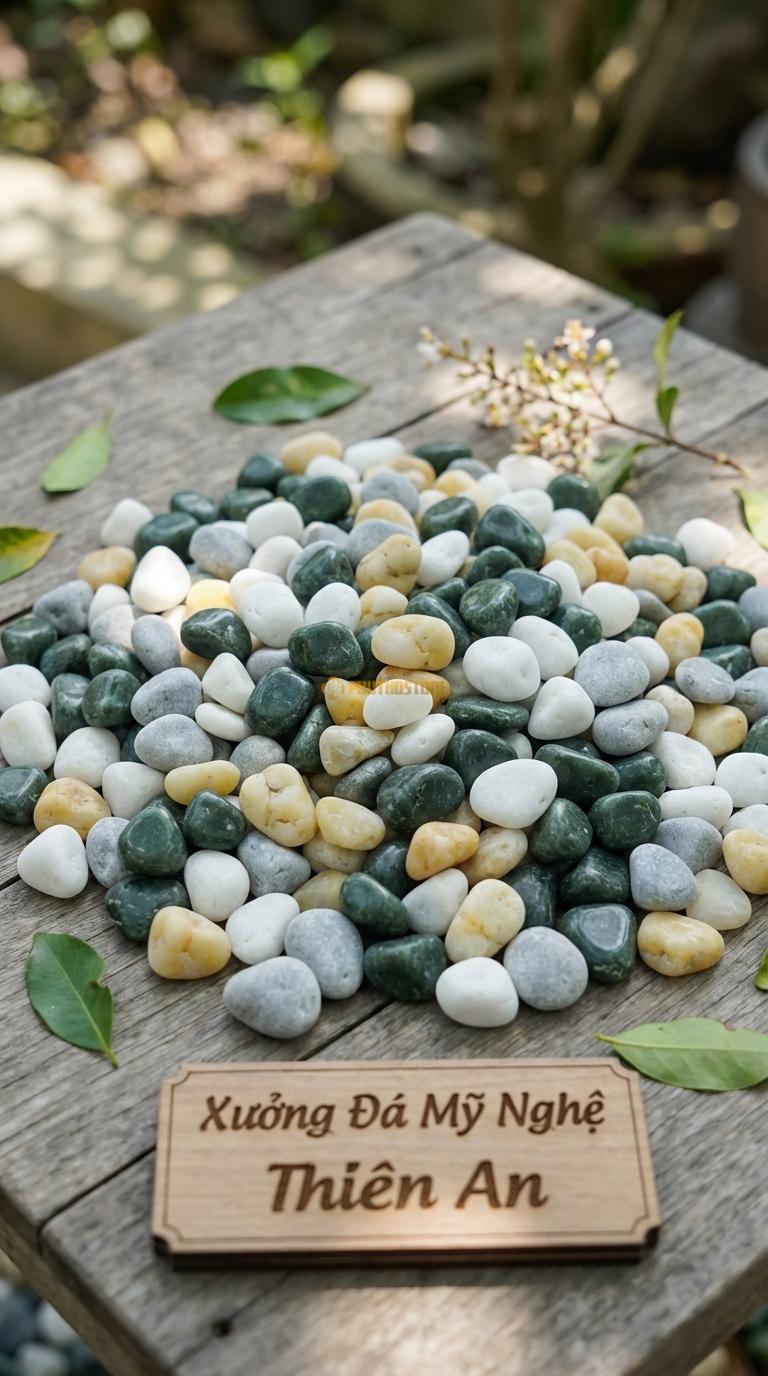 Sỏi Mix 4. Xanh rêu, Trắng quay, Ghi xám quay, Vàng quay Tỉ lệ (45, 20, 20, 15). Size 3-5mm