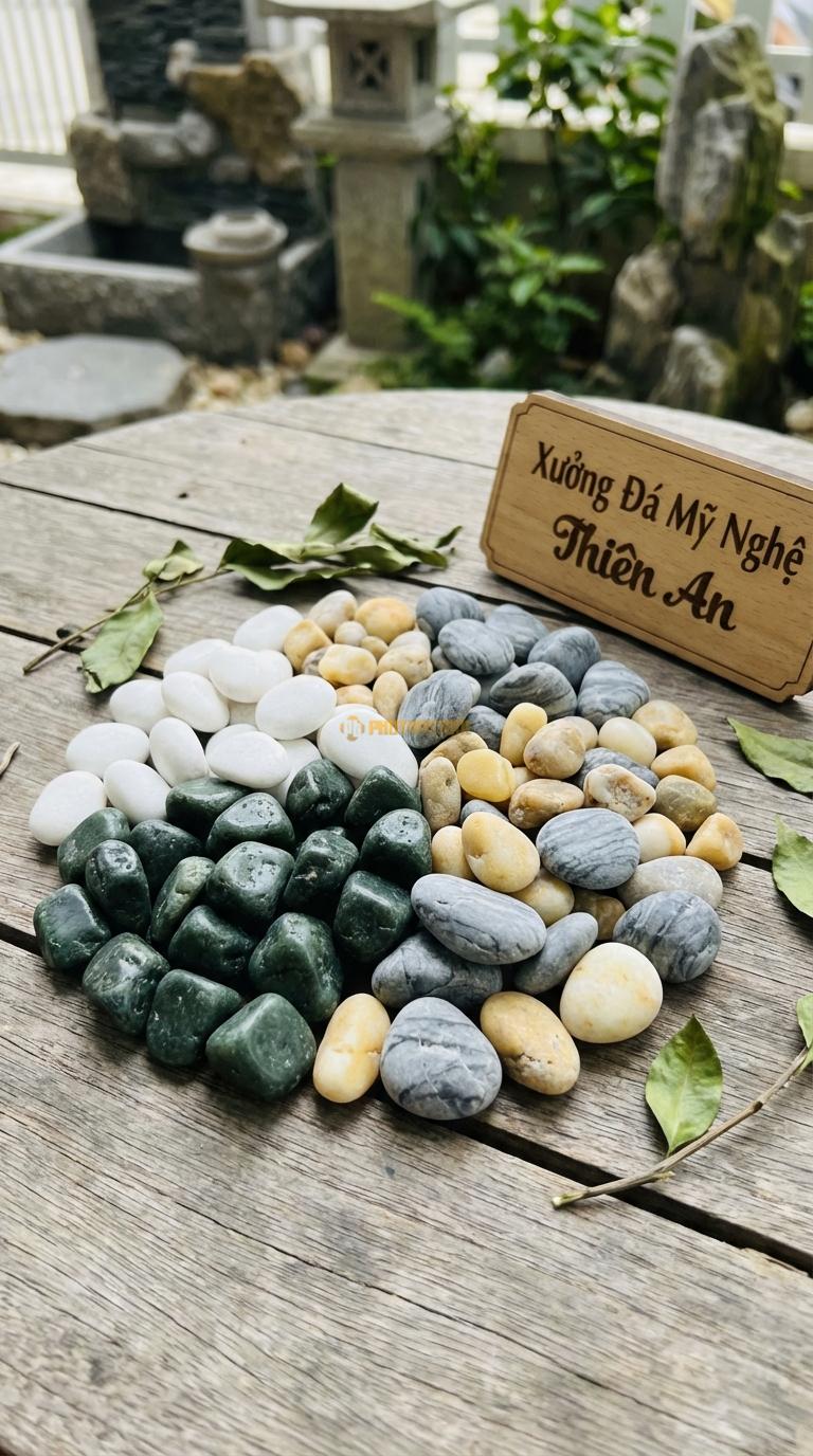 Sỏi Mix 4. Xanh rêu, Trắng quay, Ghi xám quay, Vàng quay Tỉ lệ (40, 25, 20, 15). Size 7-9mm
