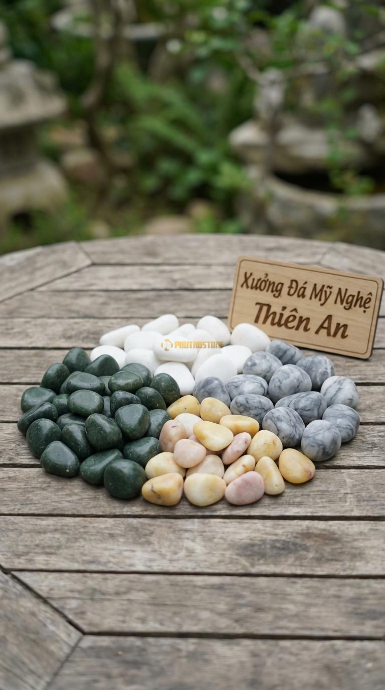 Sỏi Mix 4. Xanh rêu, Trắng quay, Ghi xám quay, Vàng quay Tỉ lệ (40, 25, 20, 15). Size 1-2cm