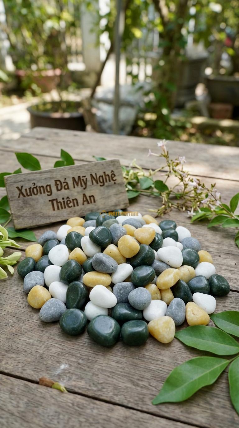 Sỏi Mix 4. Xanh rêu, Trắng quay, Ghi xám quay, Vàng quay Tỉ lệ (45, 20, 20, 15). Size 1-2cm