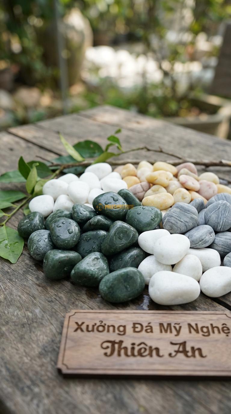Sỏi Mix 4. Xanh rêu, Trắng quay, Ghi xám quay, Vàng quay Tỉ lệ (40, 25, 20, 15). Size 2-3cm