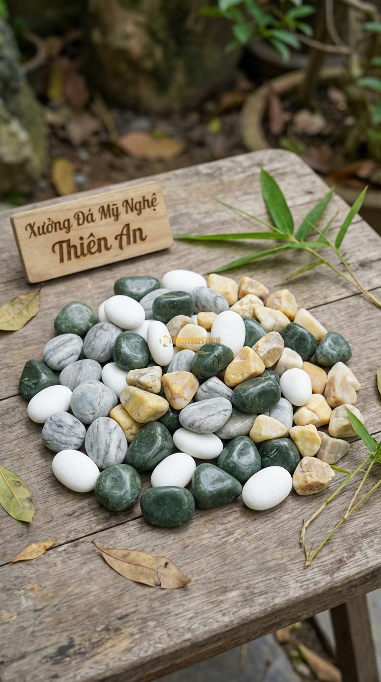 Sỏi Mix 4. Xanh rêu, Trắng quay, Ghi xám quay, Vàng quay Tỉ lệ (45, 20, 20, 15). Size 2-3cm