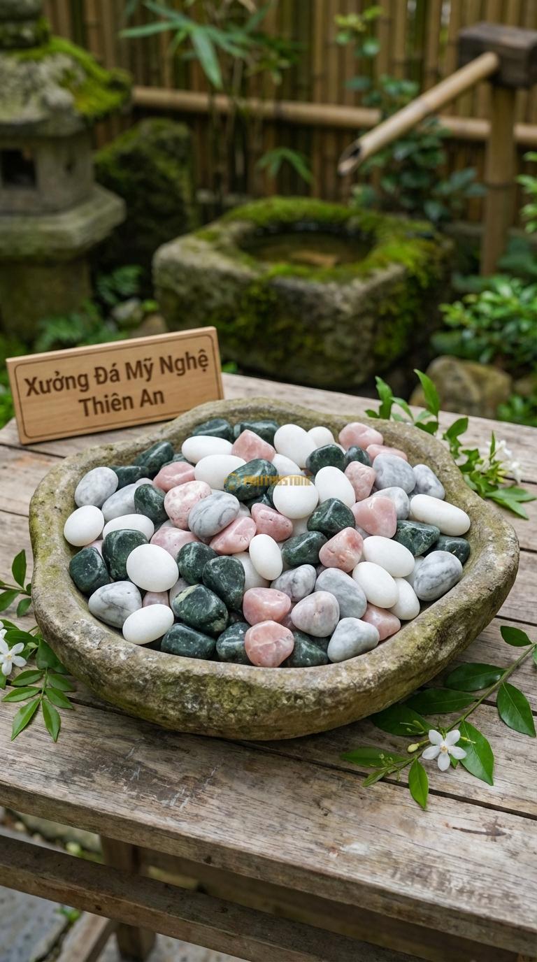 Sỏi Mix 4. Xanh rêu, Trắng quay, Hồng quay, Ghi xám quay Tỉ lệ (35, 25, 25, 15). Size 3-5cm