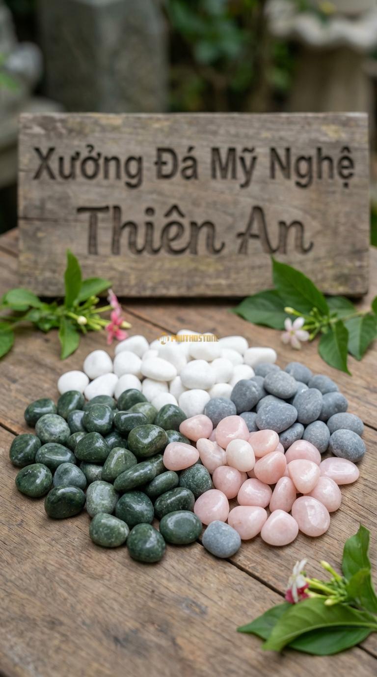 Sỏi Mix 4. Xanh rêu, Trắng quay, Hồng quay, Ghi xám quay Tỉ lệ (35, 25, 25, 15). Size 3-5mm