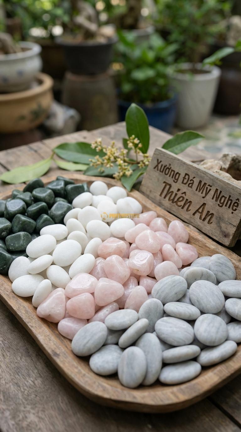 Sỏi Mix 4. Xanh rêu, Trắng quay, Hồng quay, Ghi xám quay Tỉ lệ (35, 25, 25, 15). Size 7-9mm