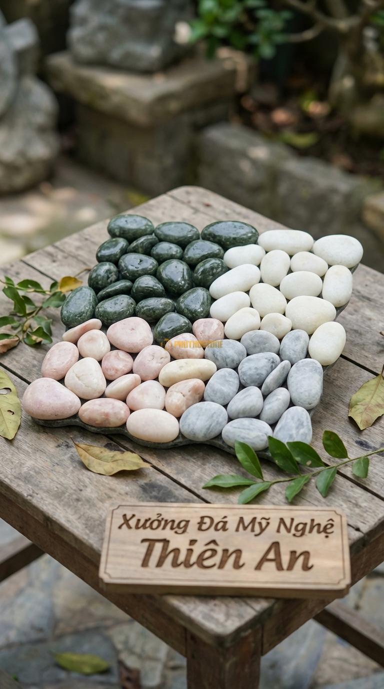 Sỏi Mix 4. Xanh rêu, Trắng quay, Hồng quay, Ghi xám quay Tỉ lệ (35, 25, 25, 15). Size 1-2cm