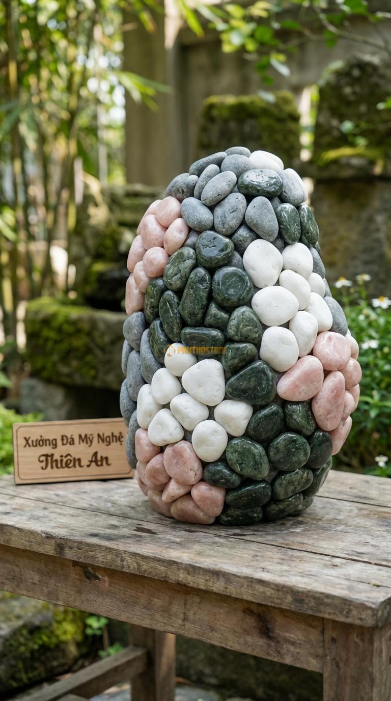 Sỏi Mix 4. Xanh rêu, Trắng quay, Hồng quay, Ghi xám quay Tỉ lệ (35, 25, 25, 15). Size 2-3cm