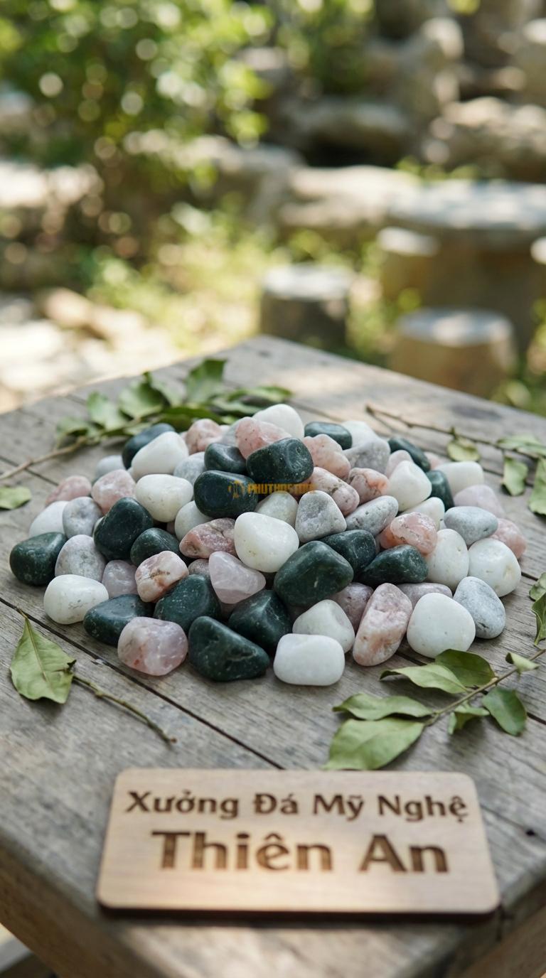 Sỏi Mix 4. Xanh rêu, Trắng quay, Hồng quay, Ghi xám quay Tỉ lệ (30, 30, 25, 15). Size 2-3cm