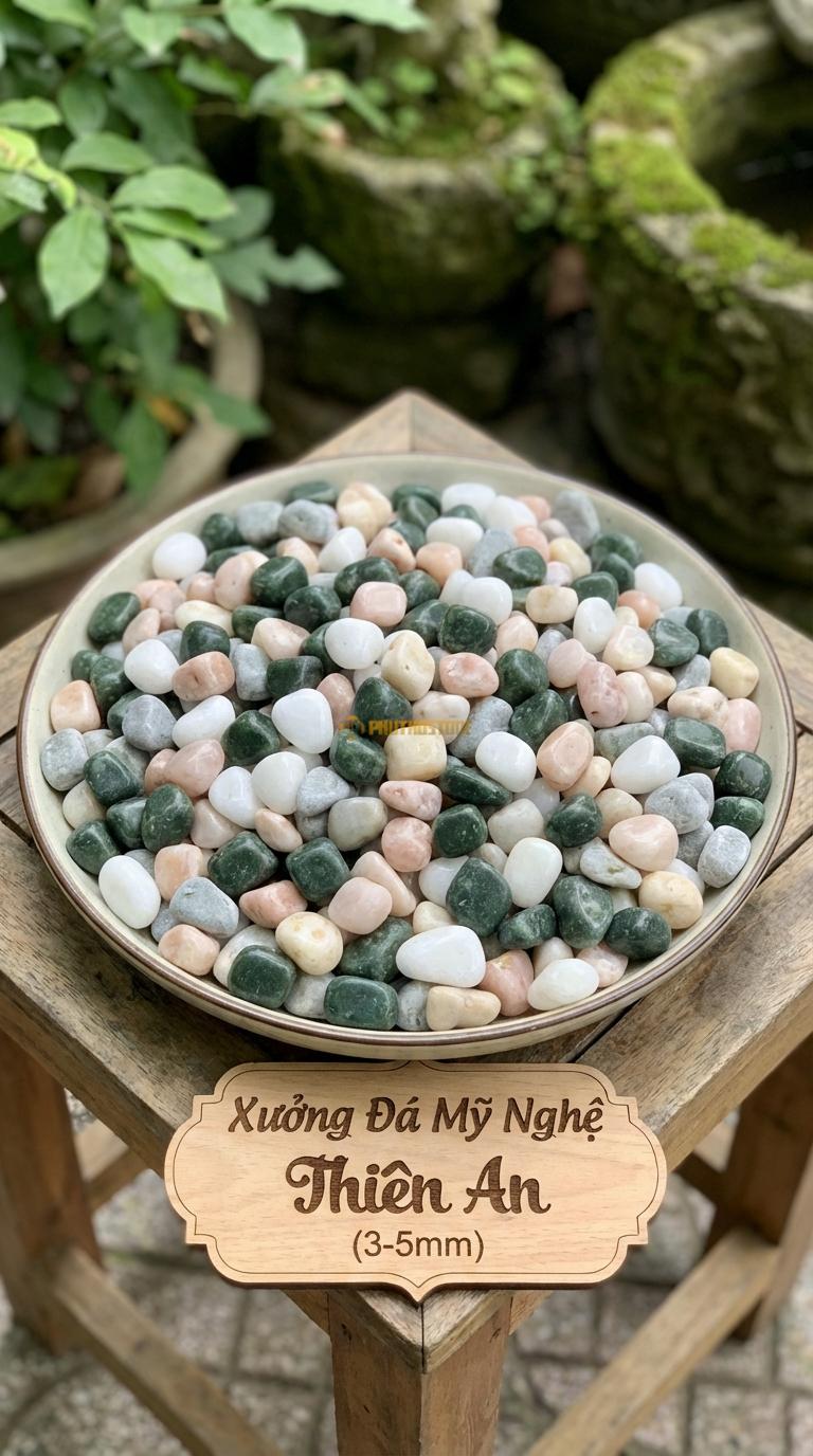 Sỏi Mix 4. Xanh rêu, Trắng quay, Hồng quay, Ghi xám quay Tỉ lệ (40, 25, 20, 15). Size 3-5mm