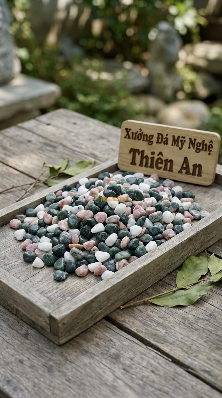 Sỏi Mix 4. Xanh rêu, Trắng quay, Hồng quay, Ghi xám quay Tỉ lệ (45, 20, 20, 15). Size 3-5mm
