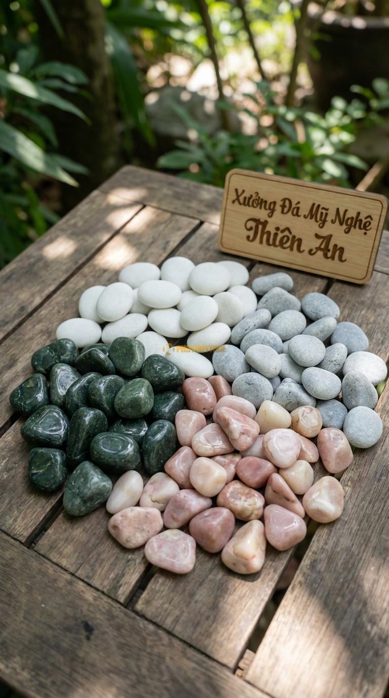 Sỏi Mix 4. Xanh rêu, Trắng quay, Hồng quay, Ghi xám quay Tỉ lệ (40, 25, 20, 15). Size 7-9mm