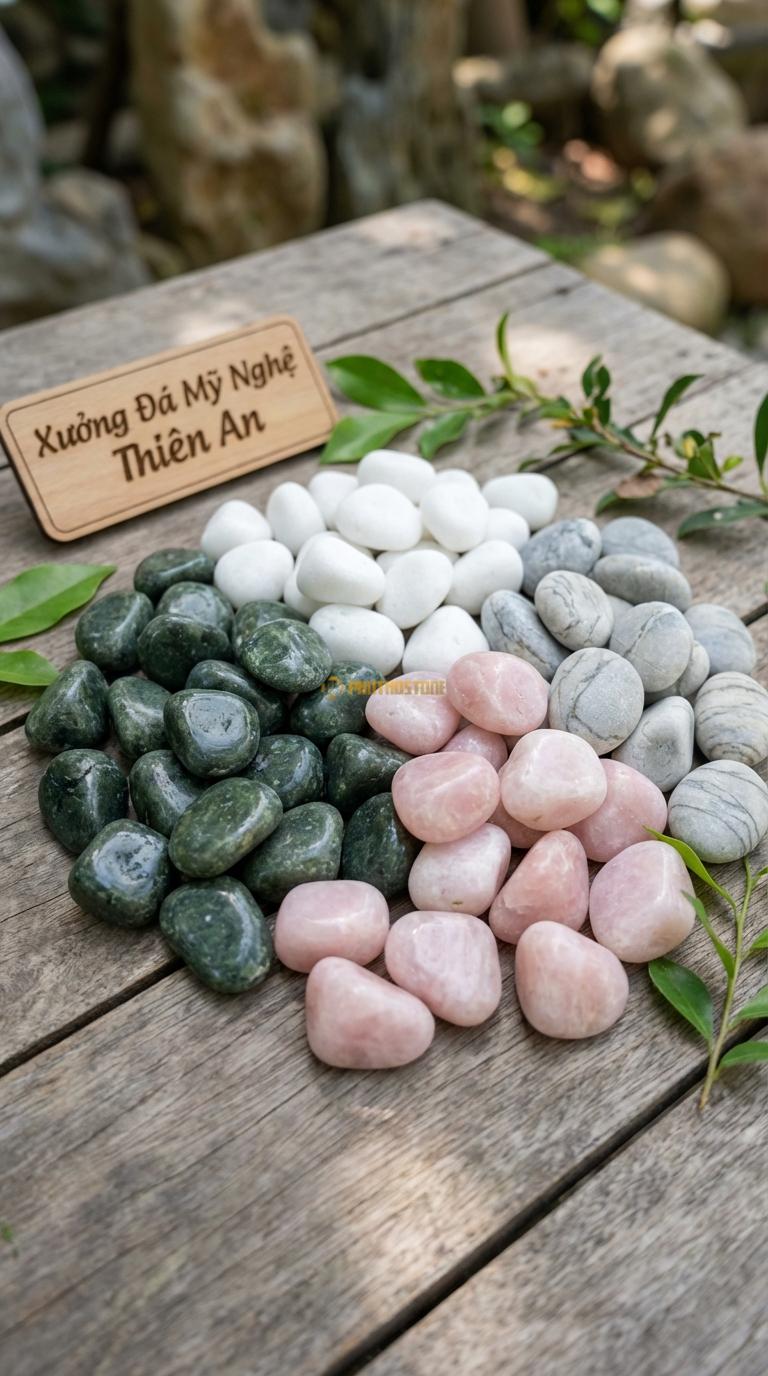 Sỏi Mix 4. Xanh rêu, Trắng quay, Hồng quay, Ghi xám quay Tỉ lệ (40, 25, 20, 15). Size 1-2cm