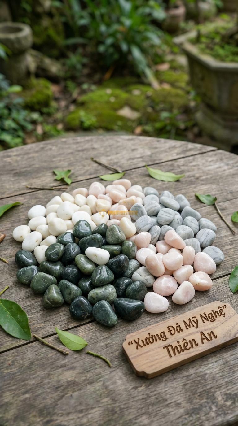 Sỏi Mix 4. Xanh rêu, Trắng quay, Hồng quay, Ghi xám quay Tỉ lệ (45, 20, 20, 15). Size 1-2cm