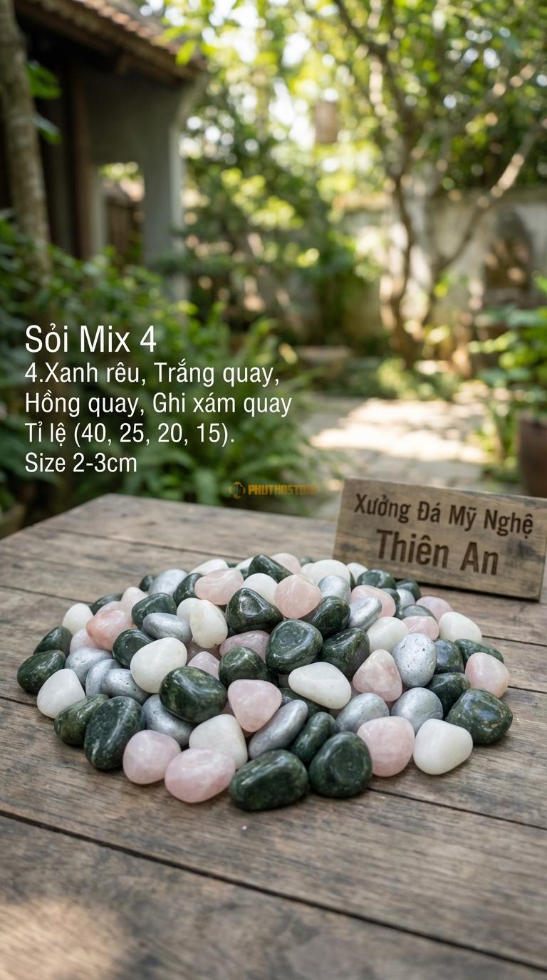Sỏi Mix 4. Xanh rêu, Trắng quay, Hồng quay, Ghi xám quay Tỉ lệ (40, 25, 20, 15). Size 2-3cm
