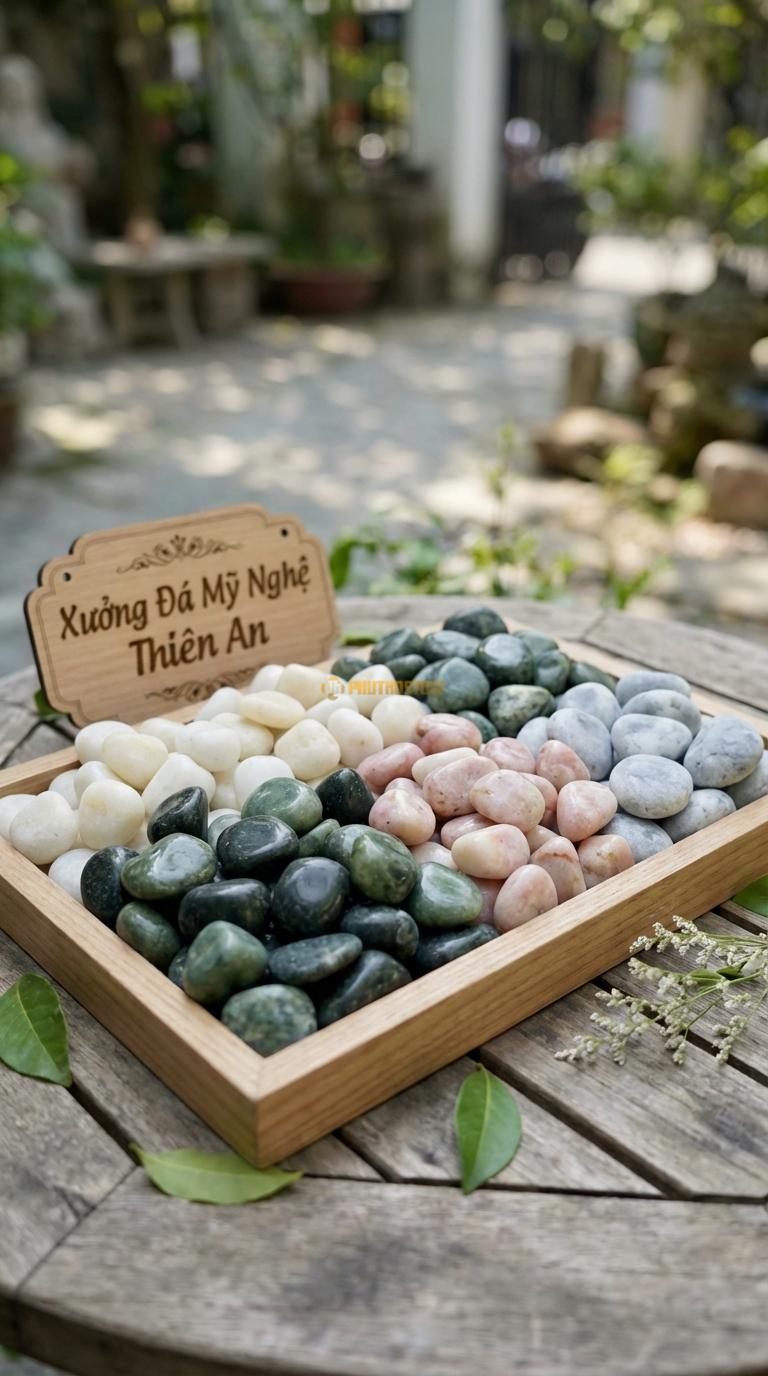 Sỏi Mix 4. Xanh rêu, Trắng quay, Hồng quay, Ghi xám quay Tỉ lệ (45, 20, 20, 15). Size 2-3cm