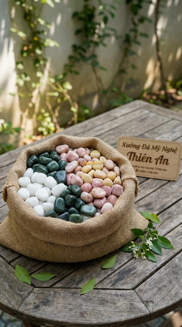 Sỏi Mix 4. Xanh rêu, Trắng quay, Hồng quay, Vàng quay Tỉ lệ (30, 30, 25, 15). Size 3-5cm