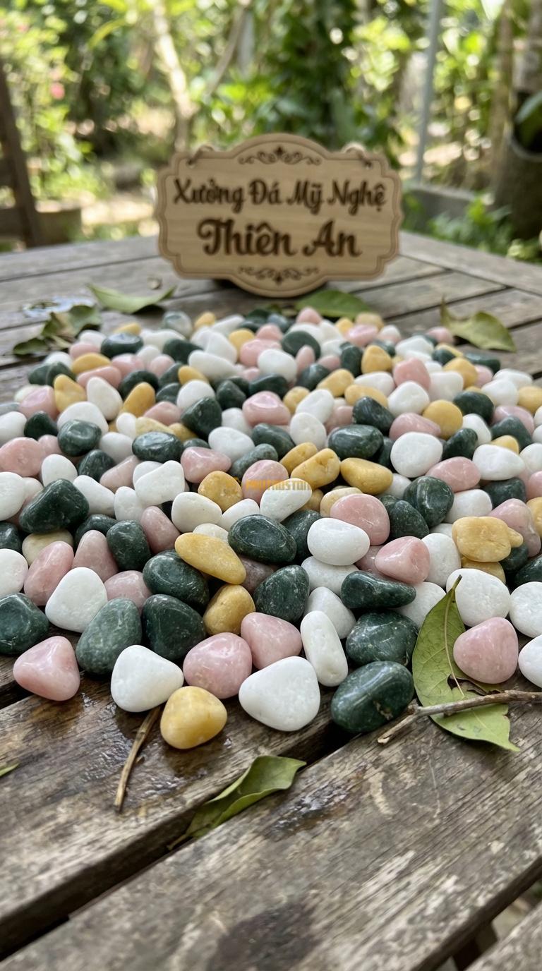Sỏi Mix 4. Xanh rêu, Trắng quay, Hồng quay, Vàng quay Tỉ lệ (30, 30, 25, 15). Size 7-9mm