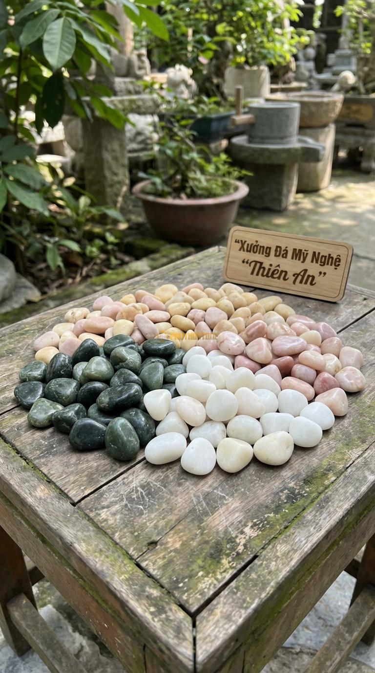 Sỏi Mix 4. Xanh rêu, Trắng quay, Hồng quay, Vàng quay Tỉ lệ (30, 30, 25, 15). Size 1-2cm
