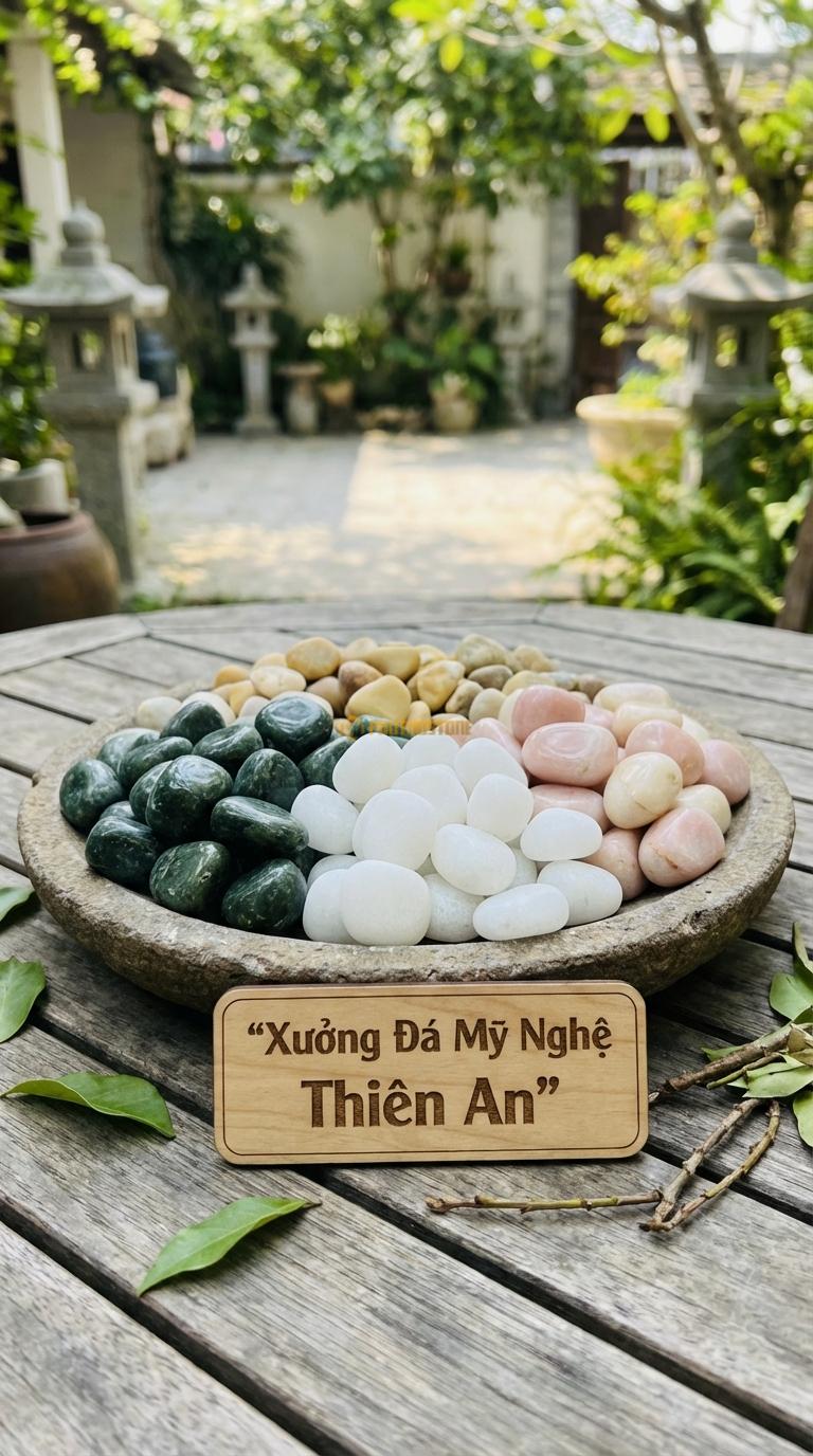Sỏi Mix 4. Xanh rêu, Trắng quay, Hồng quay, Vàng quay Tỉ lệ (30, 30, 25, 15). Size 2-3cm
