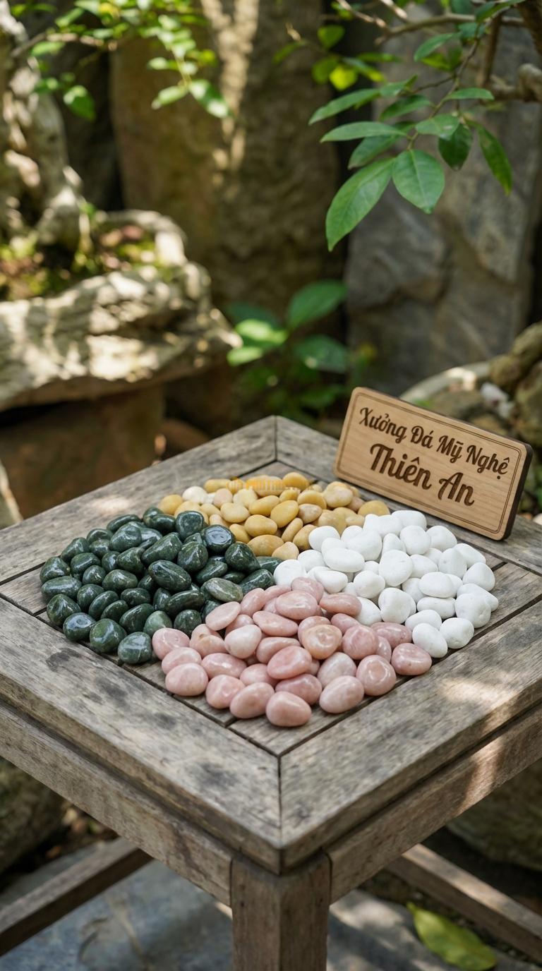 Sỏi Mix 4. Xanh rêu, Trắng quay, Hồng quay, Vàng quay Tỉ lệ (35, 25, 25, 15). Size 7-9mm