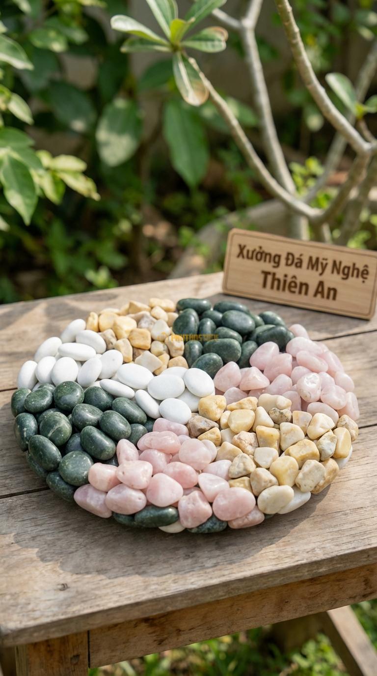 Sỏi Mix 4. Xanh rêu, Trắng quay, Hồng quay, Vàng quay Tỉ lệ (35, 25, 25, 15). Size 2-3cm