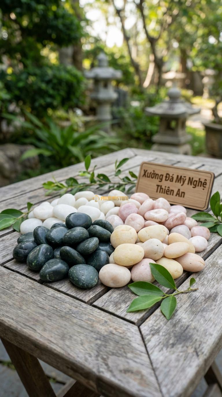 Sỏi Mix 4. Xanh rêu, Trắng quay, Hồng quay, Vàng quay Tỉ lệ (40, 25, 20, 15). Size 3-5cm