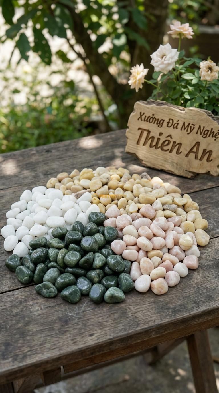 Sỏi Mix 4. Xanh rêu, Trắng quay, Hồng quay, Vàng quay Tỉ lệ (40, 25, 20, 15). Size 3-5mm