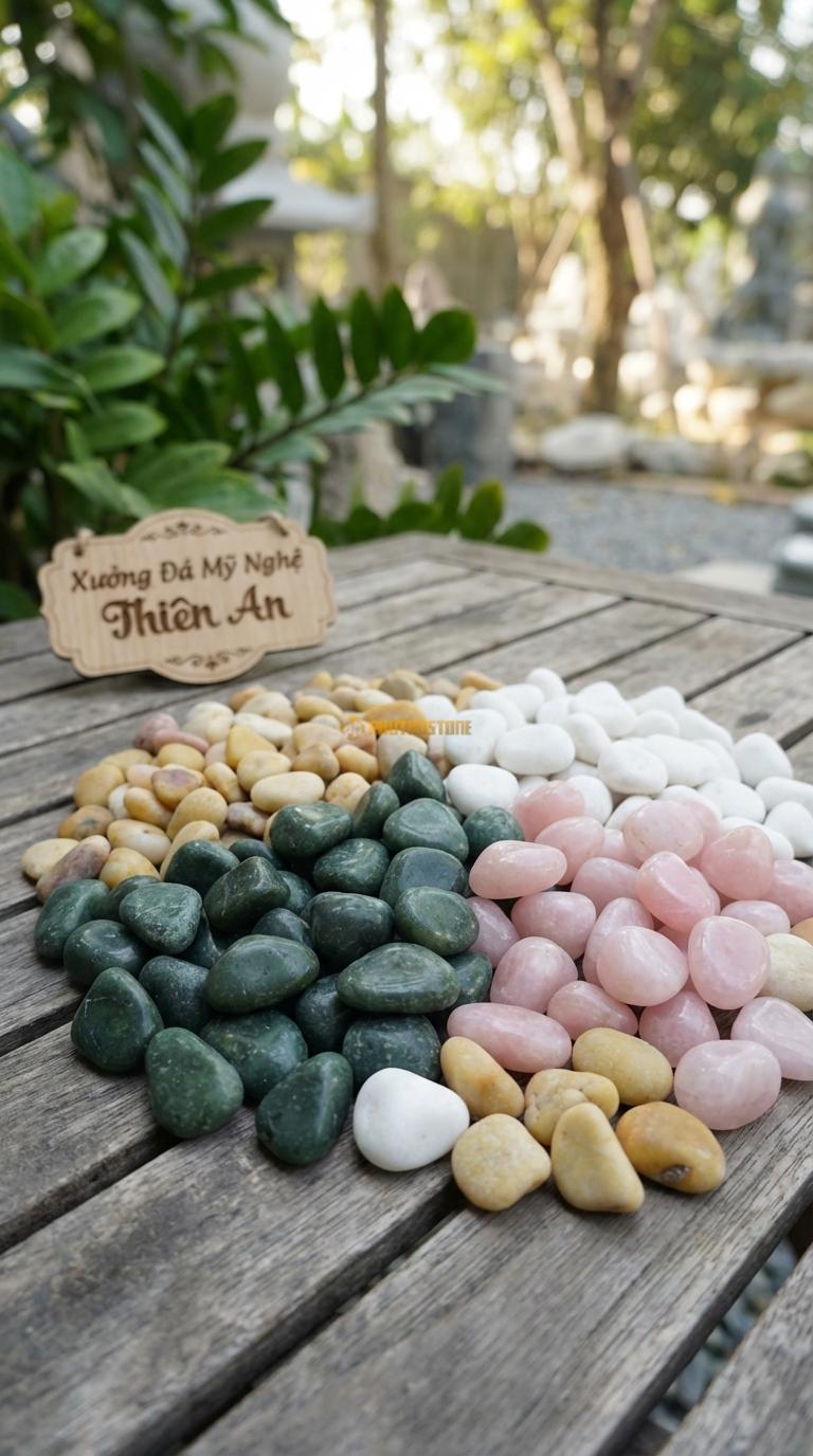 Sỏi Mix 4. Xanh rêu, Trắng quay, Hồng quay, Vàng quay Tỉ lệ (40, 25, 20, 15). Size 7-9mm
