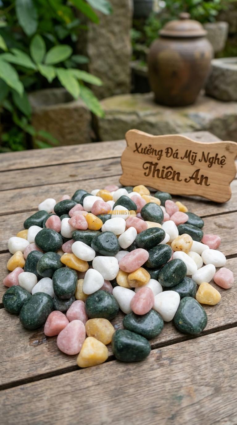 Sỏi Mix 4. Xanh rêu, Trắng quay, Hồng quay, Vàng quay Tỉ lệ (40, 25, 20, 15). Size 1-2cm