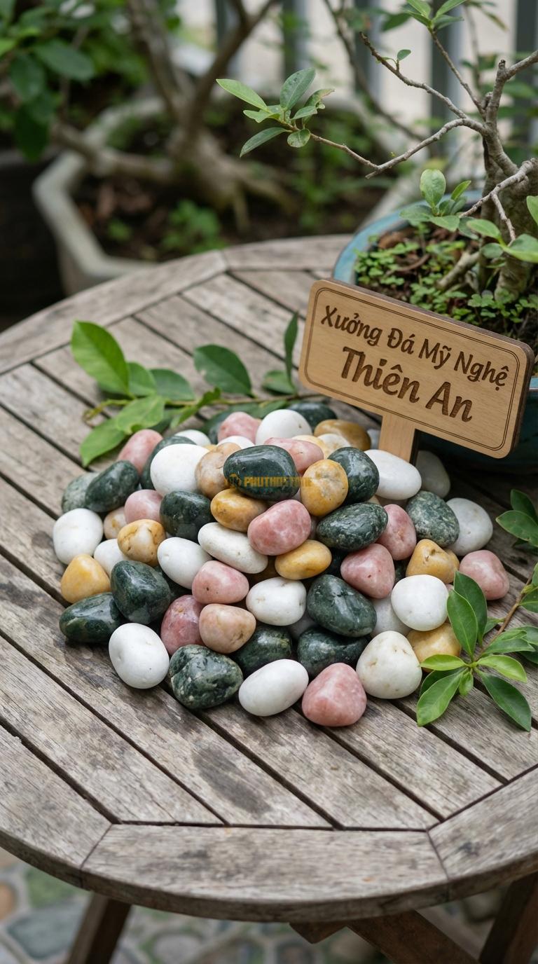 Sỏi Mix 4. Xanh rêu, Trắng quay, Hồng quay, Vàng quay Tỉ lệ (40, 25, 20, 15). Size 2-3cm