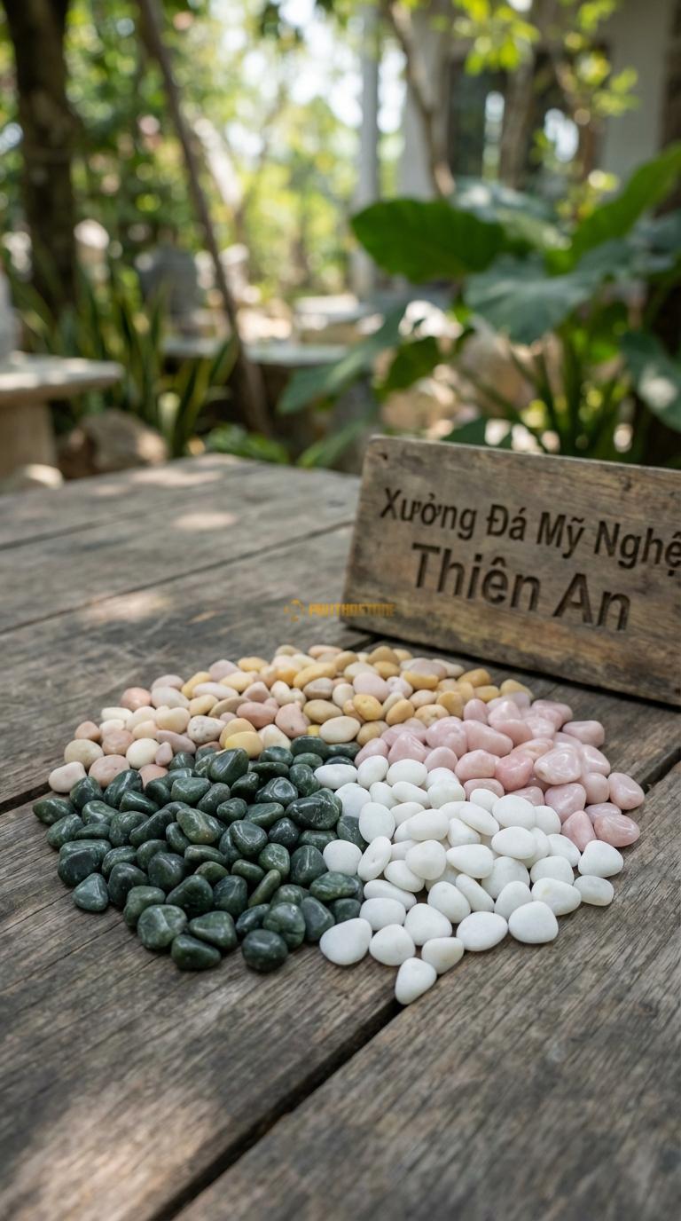 Sỏi Mix 4. Xanh rêu, Trắng quay, Hồng quay, Vàng quay Tỉ lệ (45, 20, 20, 15). Size 3-5mm