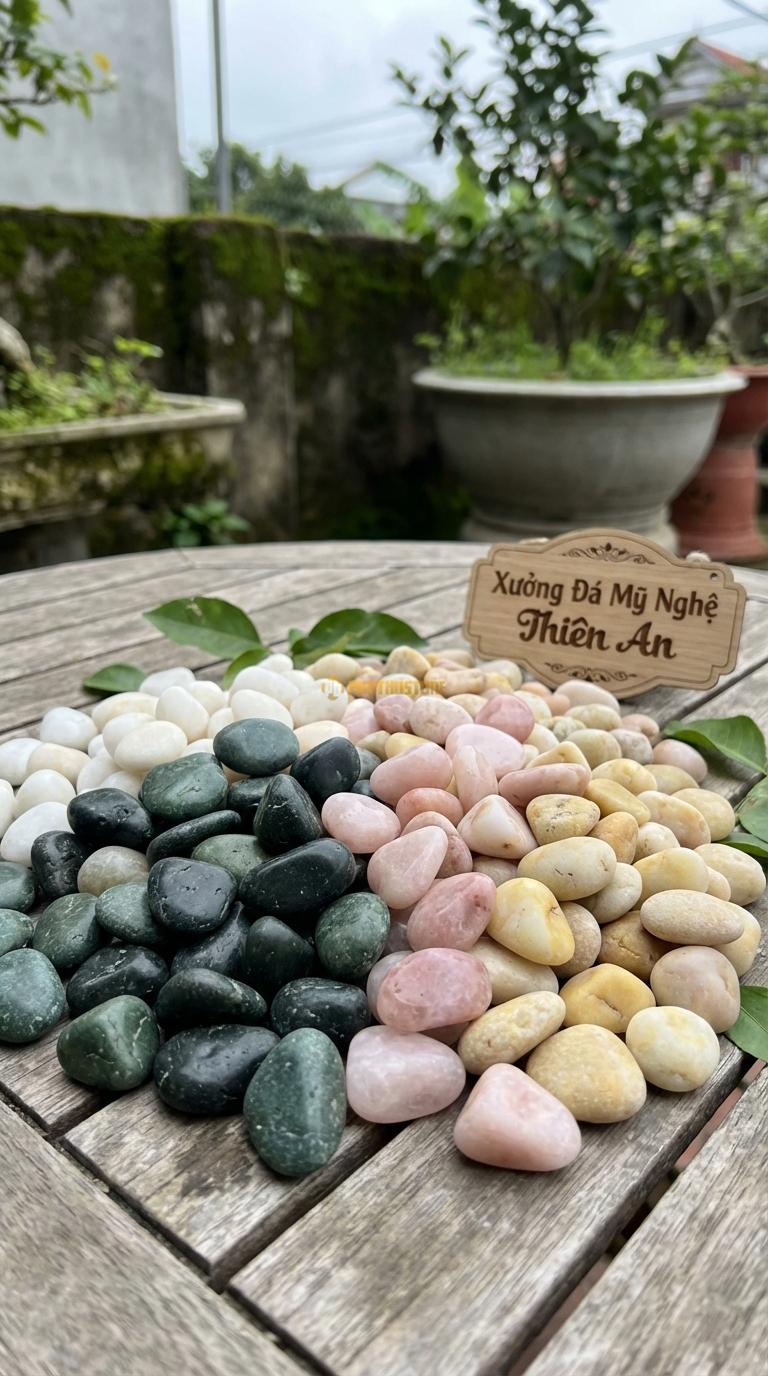 Sỏi Mix 4. Xanh rêu, Trắng quay, Hồng quay, Vàng quay Tỉ lệ (45, 20, 20, 15). Size 7-9mm
