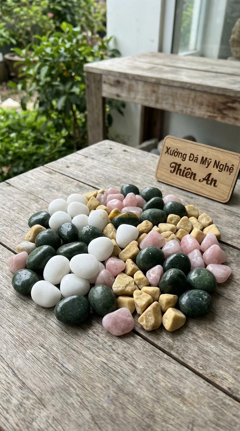 Sỏi Mix 4. Xanh rêu, Trắng quay, Hồng quay, Vàng quay Tỉ lệ (45, 20, 20, 15). Size 1-2cm