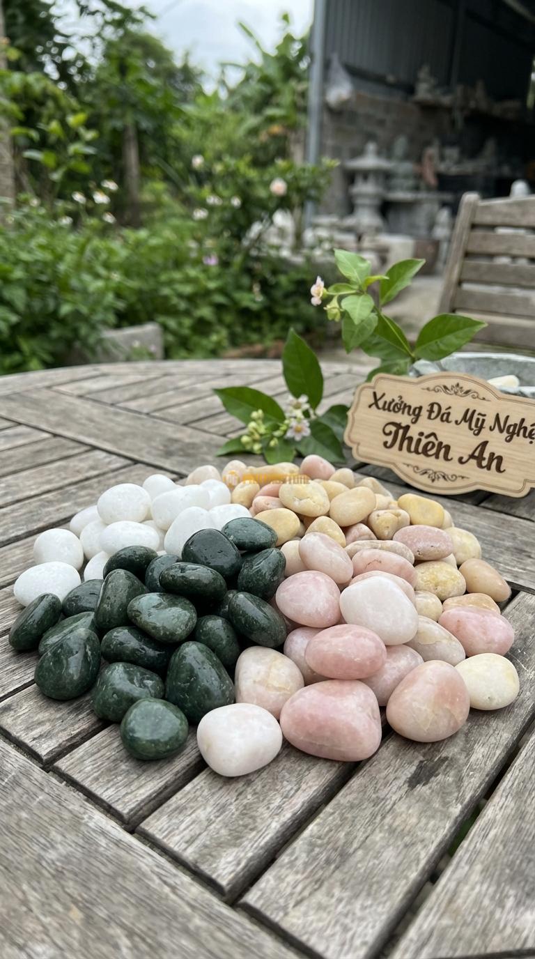 Sỏi Mix 4. Xanh rêu, Trắng quay, Hồng quay, Vàng quay Tỉ lệ (45, 20, 20, 15). Size 2-3cm