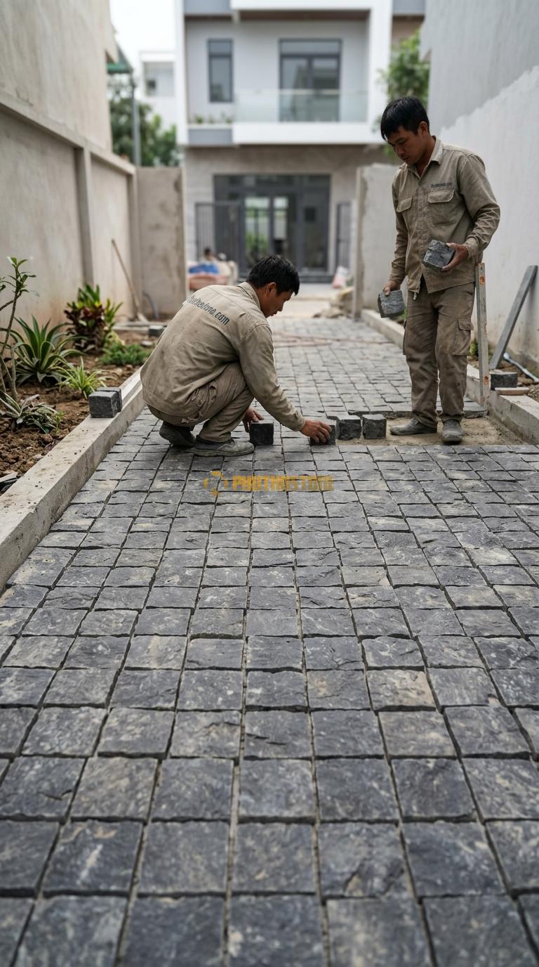 Đá Cubic Bazan Lát Sân Kiểu Xếp Thẳng Sân Nhà Phố KT Viên 10x10x8cm