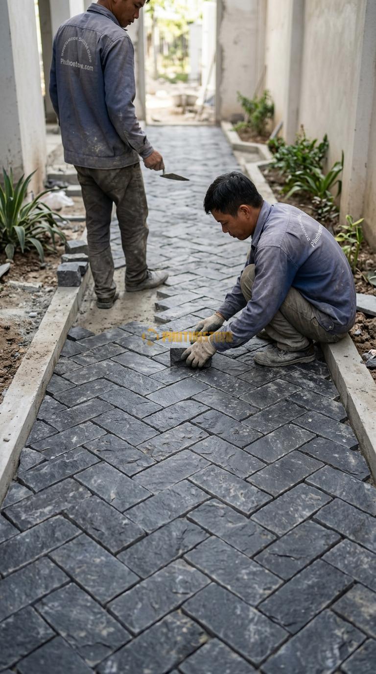 Đá Cubic Bazan Lát Sân Kiểu Xương Cá Lối Đi Sân Vườn KT Viên 10x10x20cm
