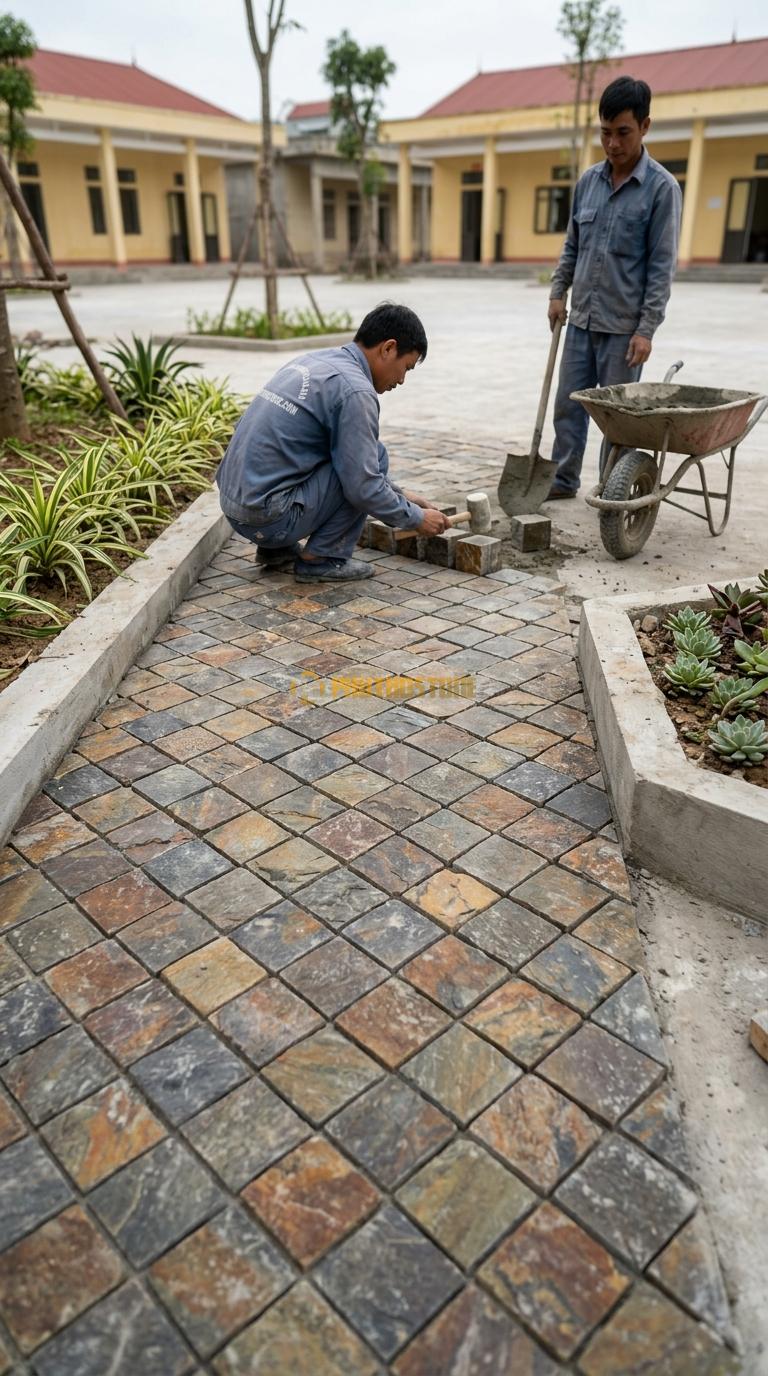 Đá Cubic Đa Sắc Lát Sân Kiểu Đan Chéo Sân Trường Học KT Viên 10x10x10cm