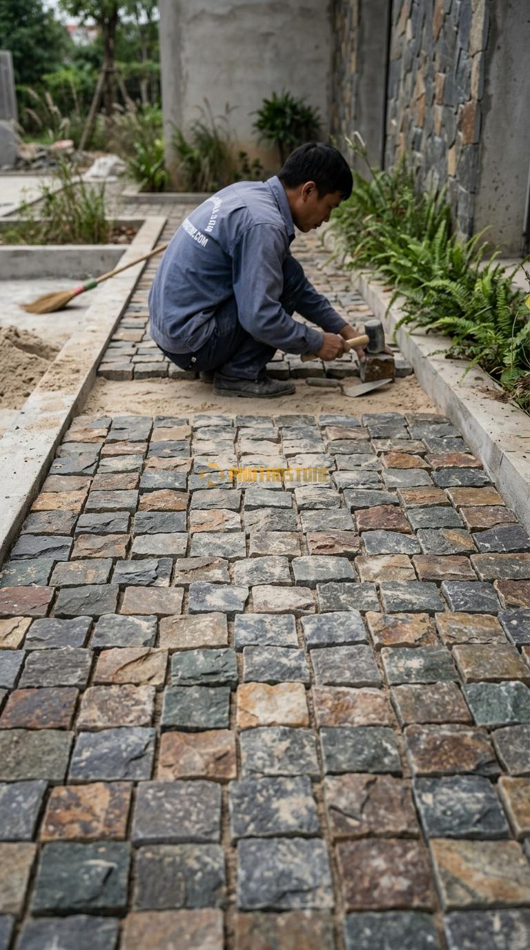 Đá Cubic Đa Sắc Lát Sân Kiểu Tự Do Sân Resort KT Viên 10x10x8cm