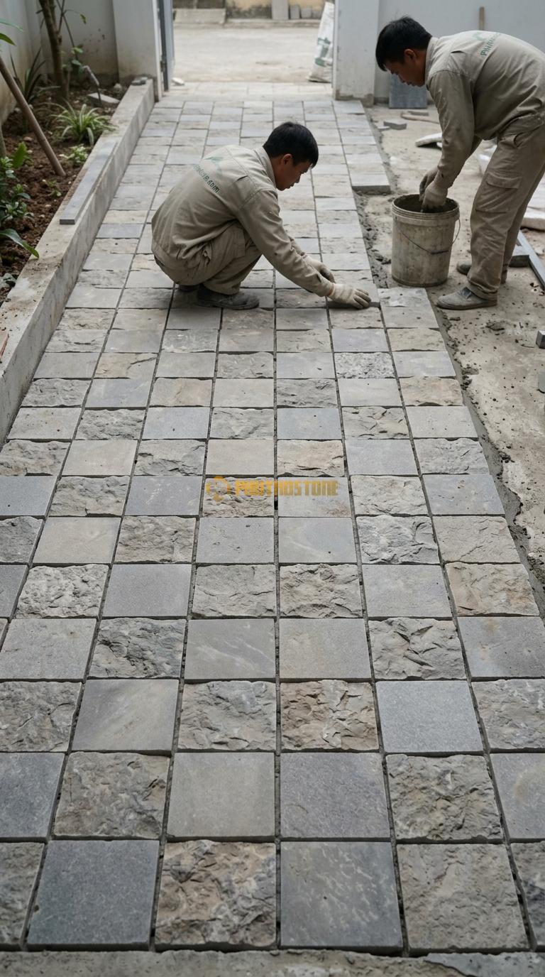 Đá Cubic Đa Sắc Lát Sân Kiểu Xếp Thẳng Sân Nhà Phố KT Viên 10x10x8cm