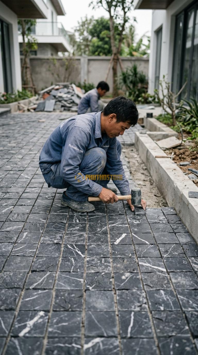 Đá Cubic Đen Chỉ Trắng Lát Sân Kiểu Sole Sân Biệt Thự KT Viên 10x10x10cm