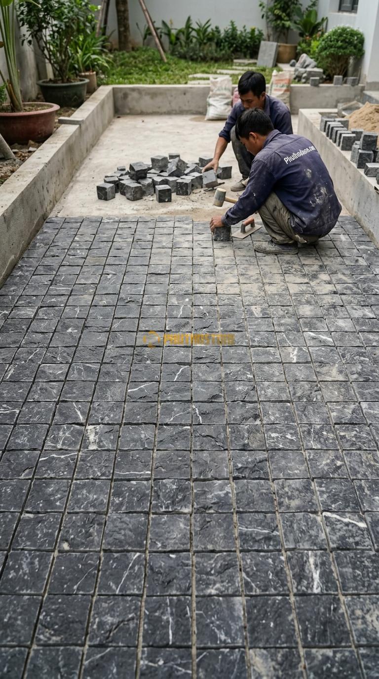 Đá Cubic Đen Chỉ Trắng Lát Sân Kiểu Xếp Thẳng Sân Nhà Phố KT Viên 10x10x8cm