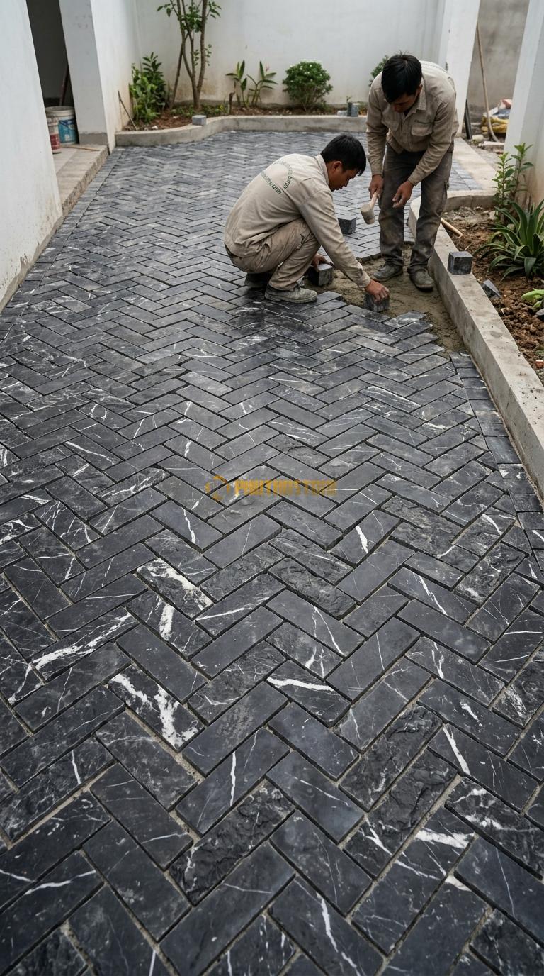 Đá Cubic Đen Chỉ Trắng Lát Sân Kiểu Xương Cá Lối Đi Sân Vườn KT Viên 10x10x20cm